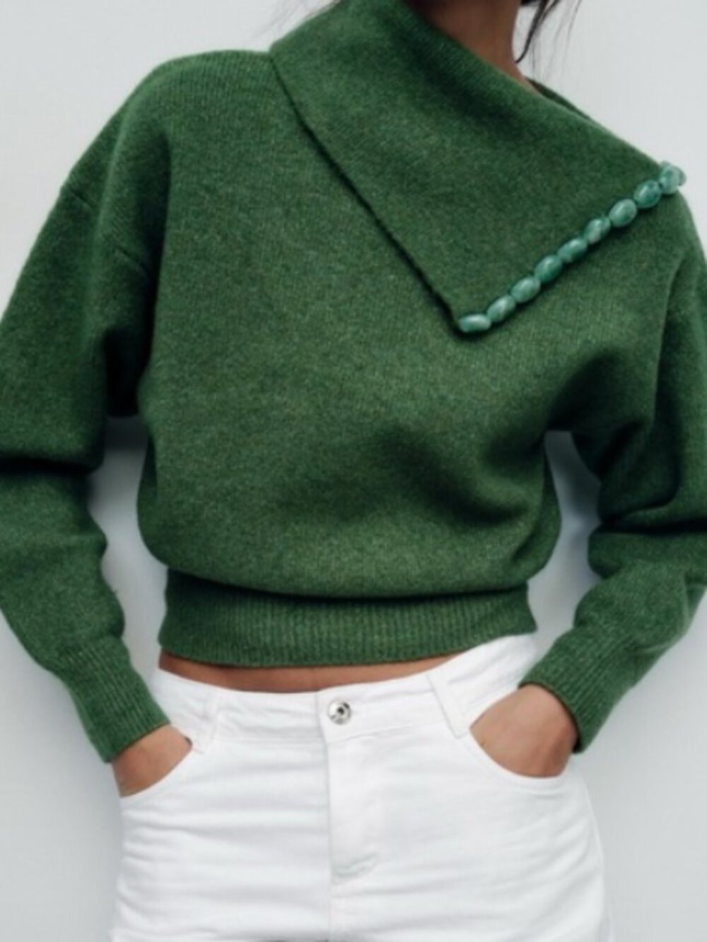 ZARA GREEN BOBBLE BEADED KNIT SWEATER
